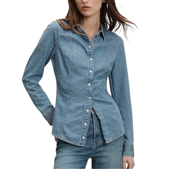 NWT Veronica Beard Eddie Rhinestone Button Down Shirt size 6 in Riviera Blue